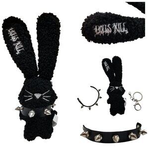 DOLLS KILL Logo Wooly Fuzzy Gothic Bunny Studded Collar Keychain Black NEW